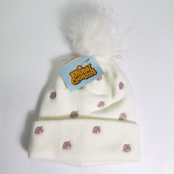 Animal Crossing New Horizons Knit Pom Beanie White Pink Leaf - Picture 1 of 4